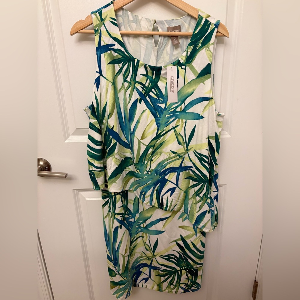 Chico's Green and Blue Leaf Pattern Dress Jungle Beauty Olivia Knee Dress Size 2